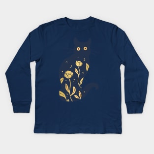 Dark blue and gold cat Kids Long Sleeve T-Shirt